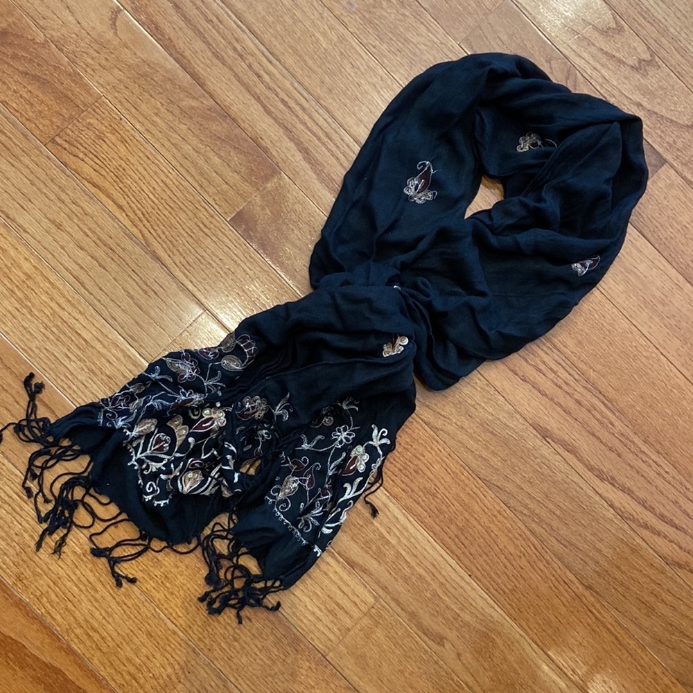 Embellished fringed scarf
